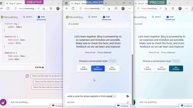 Creative vs Balanced vs Precise | Compare conversation styles of Microsoft Bing chat