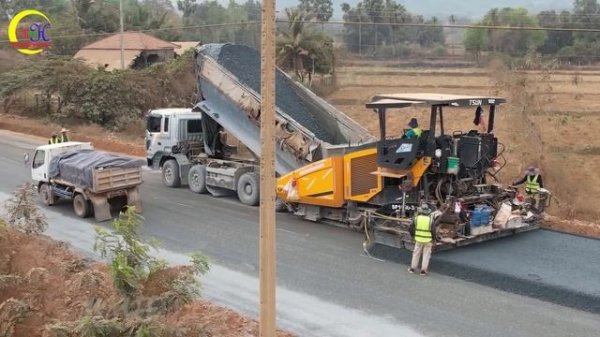 Awesome Paving Machine Driving Skills, Gravel Paving Process By Paving Machine & Many Dumps Truck