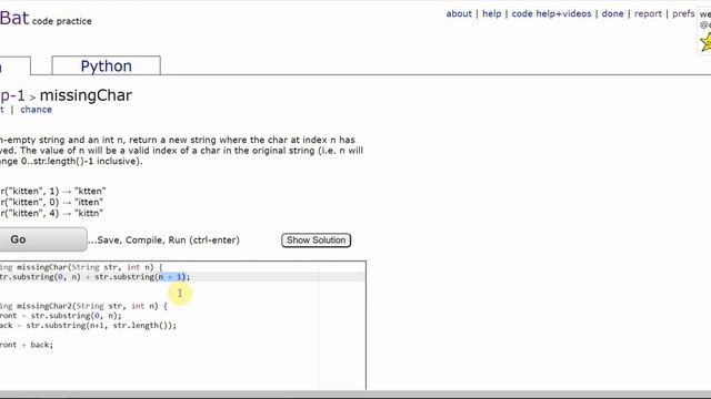CodingBat WarmUp1 missingChar смотреть онлайн