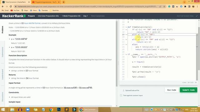 HackerRank TIME CONVERSION problem solution in Python programming | 1 week preparation kit solution смотреть онлайн