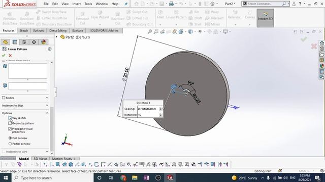 Making a vary sketch linear Pattern in SolidWorks смотреть онлайн