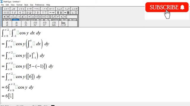 Double Integral: Cos Y Dx Dy , X = -1 To 5 , Y = Pi/6 To Pi/2