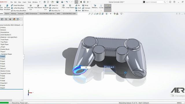 Solidworks Tutorial Sketch 3D model Shelling Out Playstation Xbox Joystick Shape Stage #3 - AER смотреть онлайн