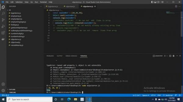TypeError Cannot add property 3 object is not extensible Cannot delete property '2' of object Array