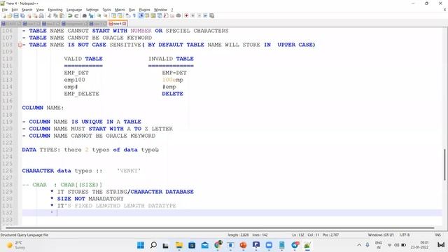 Lec-3: Table Creation || DATA TYPES Part-1- Character data type|| SQL || PLSQL || Real time trainin смотреть онлайн