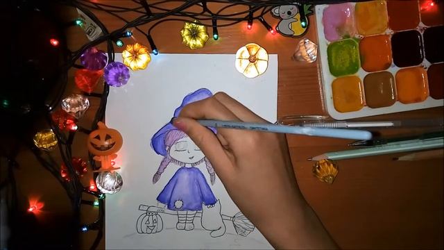 Рисуем ведьмочку к хэллоуину.Хэллоуин 2019=)Рисунки к хэллоуину акварелью.HALLOWEEN! смотреть онлайн