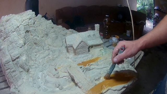 мини водопад, декоративные скалы и домик из арт бетона своими руками Лысый Мастер. смотреть онлайн