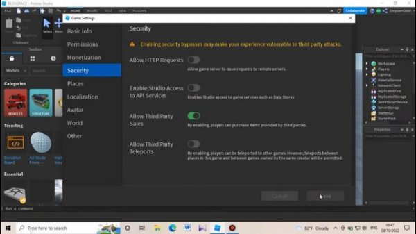 how to enable third party sales in Roblox studios