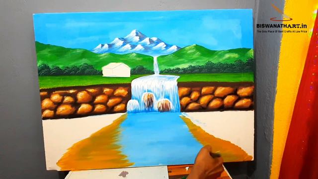 Shallow Waterfall and mountain village drawing painting смотреть онлайн