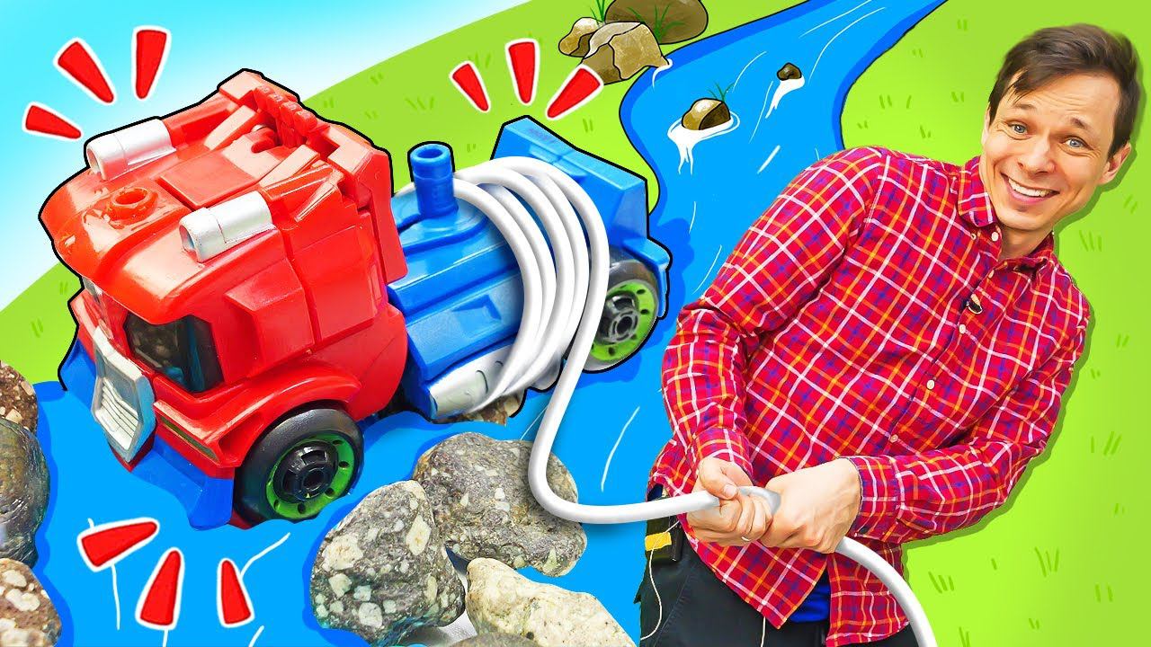 Оптимус Прайм упал в воду! Трансформеры строят новый мост — Видео для мальчиков про роботов смотреть онлайн