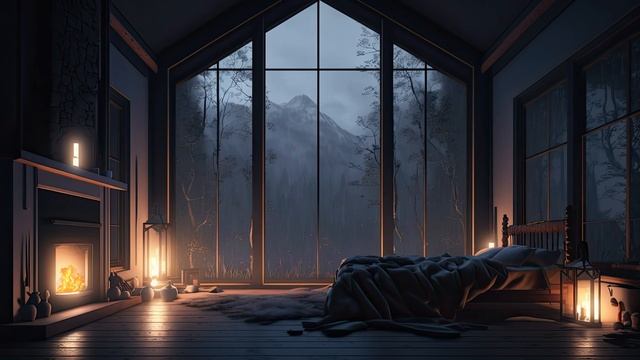 Спокойствие во время грозы уютная спальня с камином и дождливая атмосфера в загадочном лесу смотреть онлайн