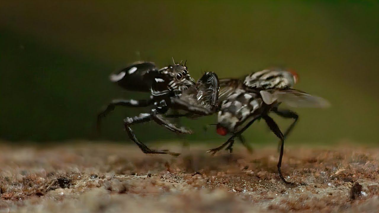 Паук прыгает на большие расстояния атакуя жертву! смотреть онлайн