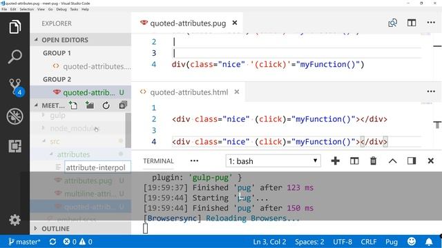 How do you write quoted HTML attributes using PUG - part 2? - Meet Pug 04 смотреть онлайн