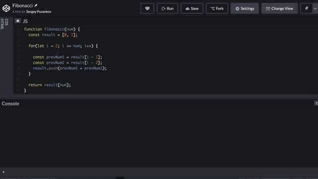 Задача про числа Фибоначчи. Решение на JavaScript смотреть онлайн