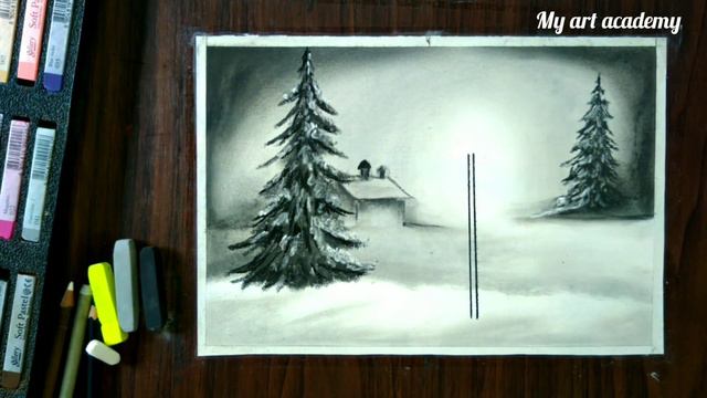 Christmas Day Special, Black & White Snowy Winter Landscape Painting/Drawing - Soft Pastel Drawing смотреть онлайн
