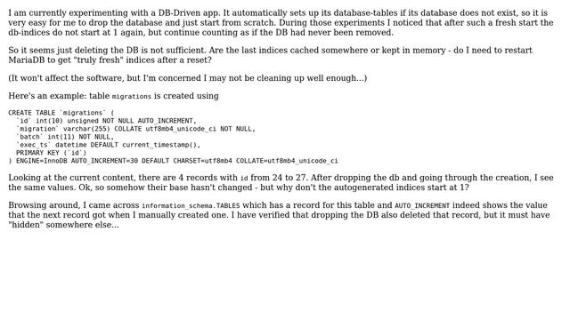 MariaDB indices do not start at 1 after removing database and re-creating it смотреть онлайн