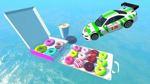 Прыжки автомобилей с трамплина в коробку с ПОНЧИКАМИ | Мультфильмы для детей - ? Мир машинок ?