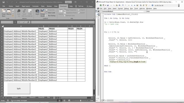 Let's Learn To Use Excel VBA Left and Find Code to Split Merged Text into Multiple Fields. смотреть онлайн