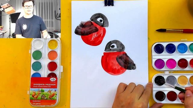 Как нарисовать СНЕГИРЯ рисуем птичек красками смотреть онлайн