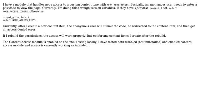 Drupal: Custom node access, need to rebuild permissions for each content item created смотреть онлайн