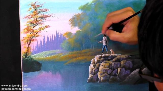 Acrylic Landscape Painting In Time-lapse / Fishing In The River / JMLisondra