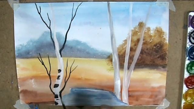 Осенний пейзаж, Ноябрь. Как нарисовать пейзаж акварелью с детьми.//Watercolor autumn landscape. смотреть онлайн