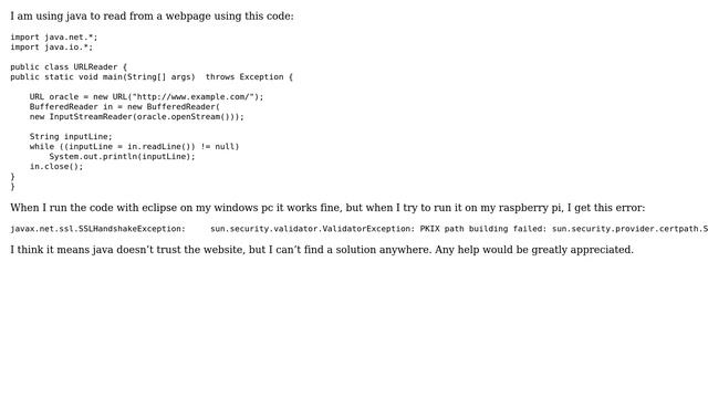 Raspberry Pi: Java error javax.net.ssl.SSLHandshakeException: when trying to read from webpage смотреть онлайн