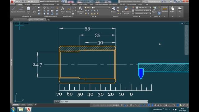 Внутренняя резьба резцом в ограниченном пространстве. По линейке. смотреть онлайн