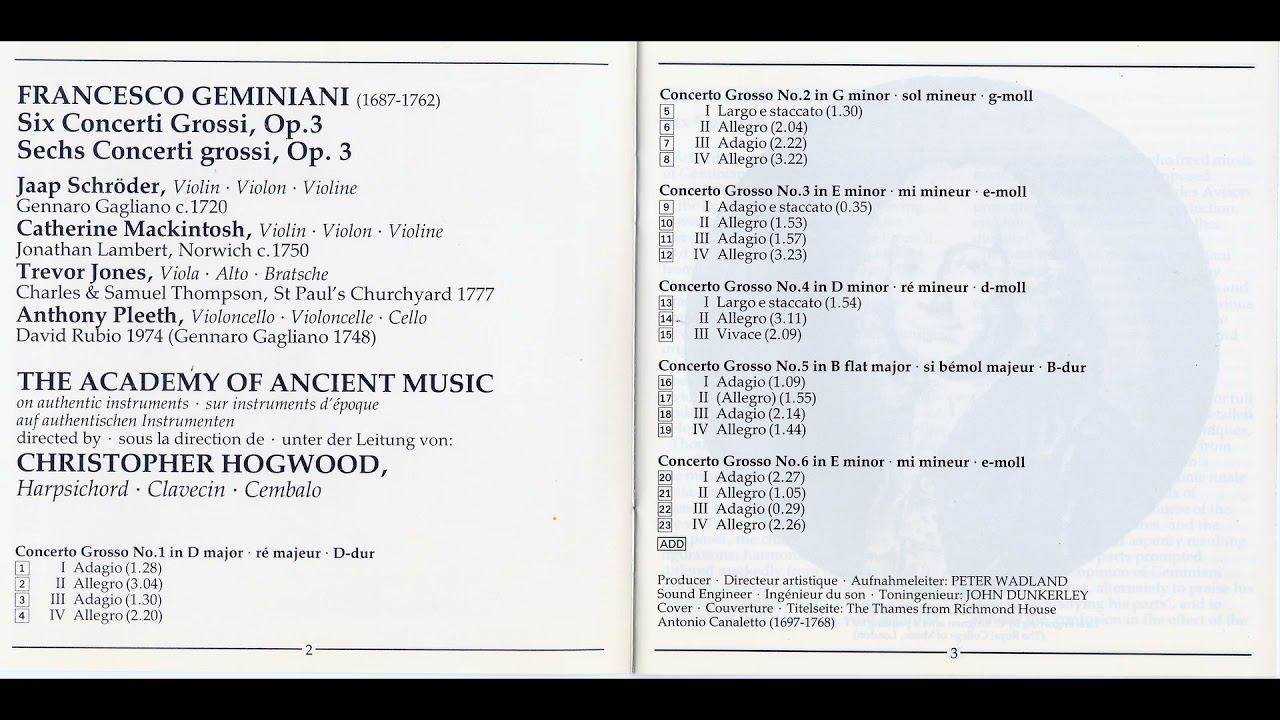Geminiani - Six Concerti , Op.3 смотреть онлайн