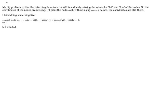 GIS: OpenStreetMap - Overpass API; geometry disappears from node when using convert смотреть онлайн