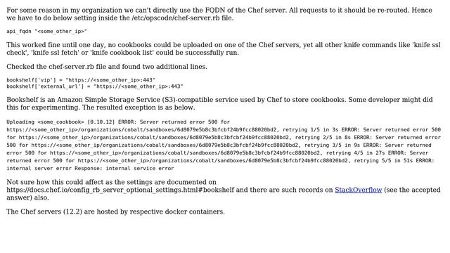 Encountered 'internal service error' when uploading cookbooks to Chef server hosted inside a... смотреть онлайн