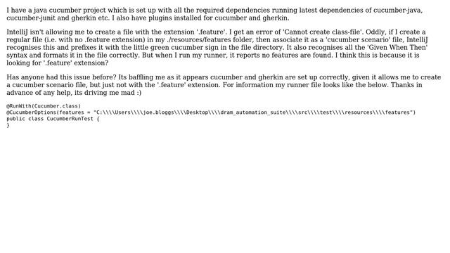 Unable to create .feature cucumber file IntelliJ - 'Cannot create class-file' смотреть онлайн