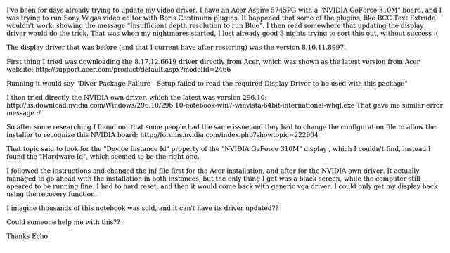 Can't upgrade NVIDIA GeForce 310M display driver on Acer Aspire 5745PG смотреть онлайн