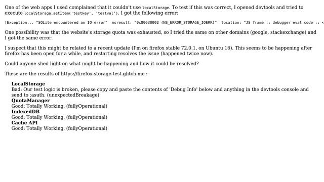 No website is able to use localStorage in firefox, error "SQLite encountered an IO error" смотреть онлайн