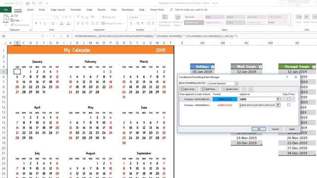 Highlight events, weekends and holidays on calendar in Excel смотреть онлайн