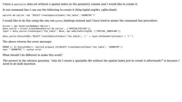 GIS: Adding spatial index to spatialite file in python using OGR? (2 Solutions!!) смотреть онлайн