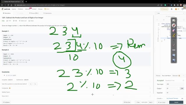Subtract the product and sum of digits of an integer | Java code and explanation in Hindi смотреть онлайн