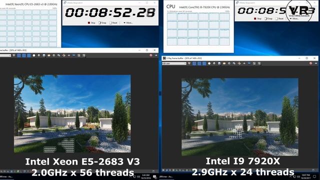 3Dsmax Vray 3 4 Render Time Exterior Intel Xeon E5 2683 V3 vs Intel I9 7920X смотреть онлайн