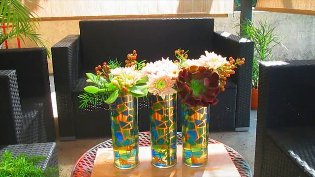 Rustic Tri-centerpiece Using Vintage Mid Century Modern Cocktail With Stained Glass Mosaic Pattern.