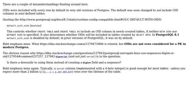 Databases: PostgreSQL surrogate keys: use sequence/bigint or OID? (2 Solutions!!) смотреть онлайн