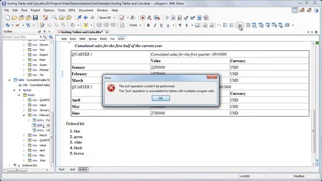 Lists and Tables Sorting Support in oXygen XML Editor 15.1 смотреть онлайн