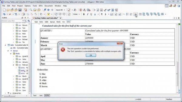Lists and Tables Sorting Support in oXygen XML Editor 15.1