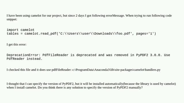 Camelot: DeprecationError: PdfFileReader is deprecated смотреть онлайн