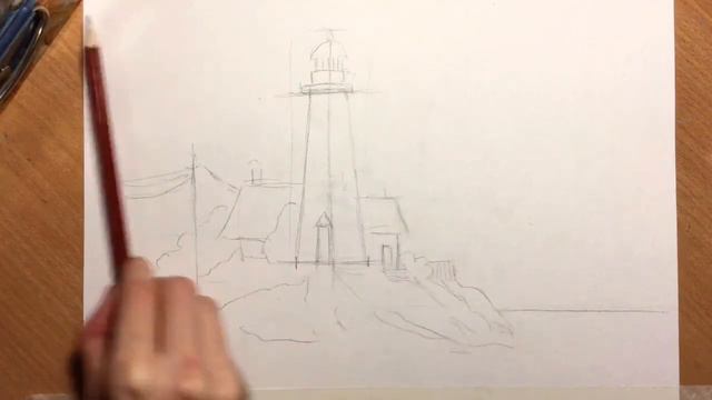 Пейзаж с маяком. Акварель, чёрная ручка. смотреть онлайн