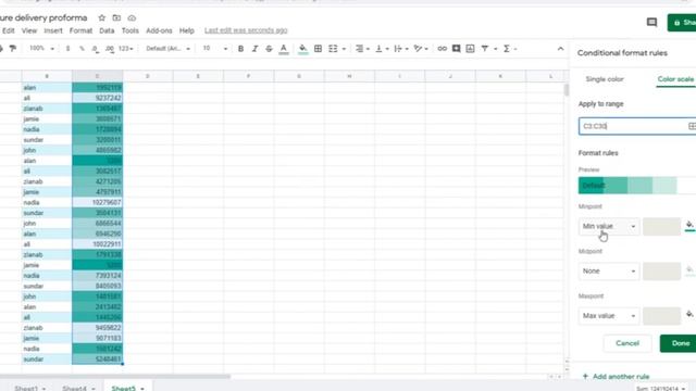 GOOGLE SHEETS, Apply Color Gradient/shade across a data set in table based on minimum & maximum смотреть онлайн