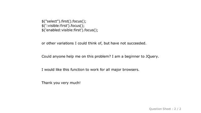 HTML : How to set the focus on the first select element of the page using JQuery? смотреть онлайн