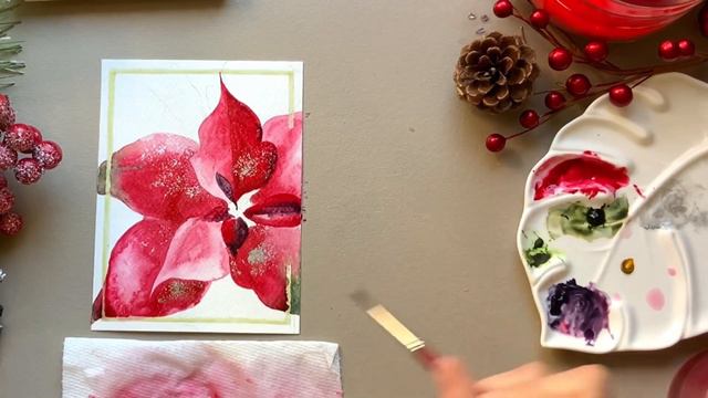 Christmas Card Idea with a Red Poinsettia | Watercolor Painting Process смотреть онлайн