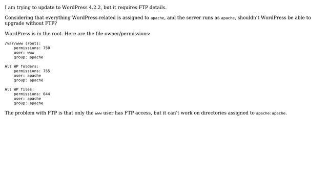 Wordpress: Why does WordPress 4.2.2 require FTP to update? смотреть онлайн