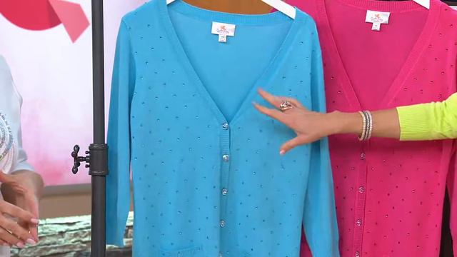 Quacker Factory Rhinestone Dots Button Down V-neck Cardigan with Albany Irvin смотреть онлайн