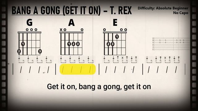 BANG A GONG (GET IT ON) By T. Rex (Easy Guitar & Lyric Scrolling Chord Chart Play-Along)